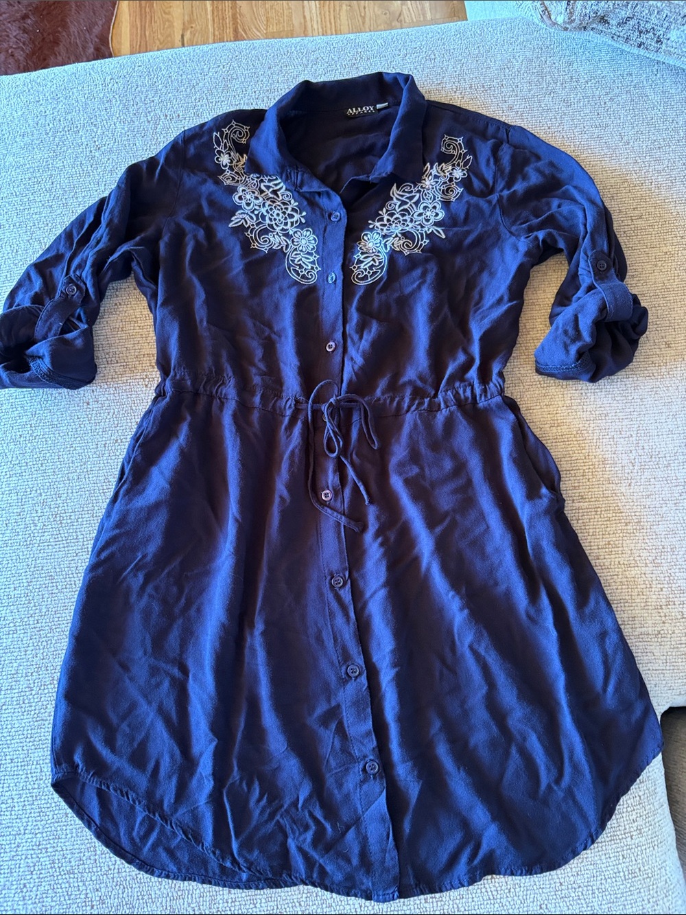 Navy Embroidered Western Button-Front Shirt Dress PLS READ